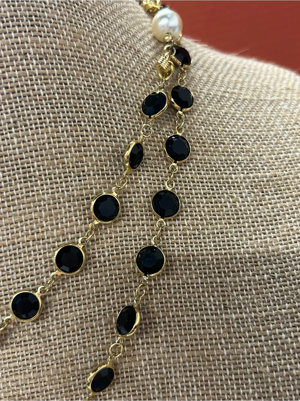 Gorgeous vintage Swarovski long layering necklace black crystal and faux pearls.